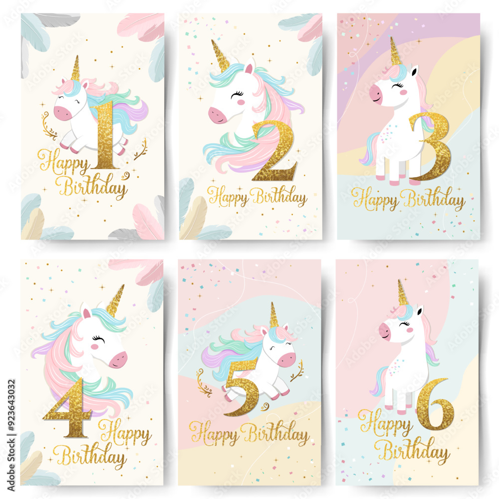Fototapeta premium Set of Happy birthday cards with cute unicorn and golden numbers. Gentle unicorn Birthday greeting card, invitation
