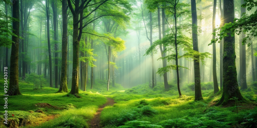 Fototapeta premium Enigmatic misty forest with a serene green landscape, perfect for nature lovers and relaxation , misty, forest, serene, green