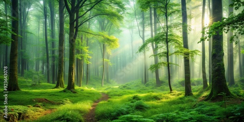 Enigmatic misty forest with a serene green landscape, perfect for nature lovers and relaxation , misty, forest, serene, green photo