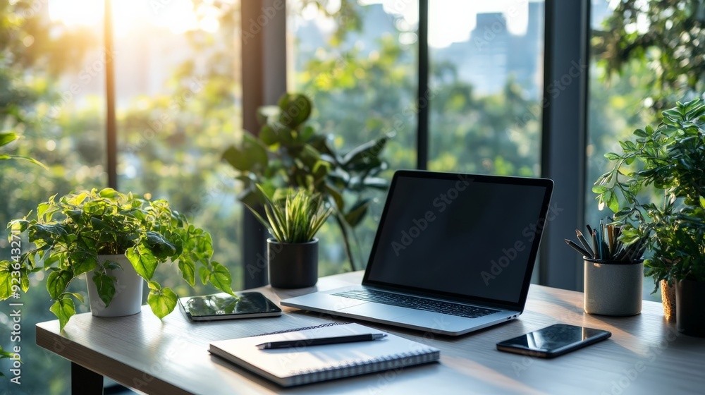 Modern workspace with laptop, smartphone, tablet, and notepad, surrounded by lush green plants and sunlight streaming through large windows. Modern workspace with laptop, smartphone, tablet, and notepad, surrounded by lush green plants and sunlight streaming through large windows.