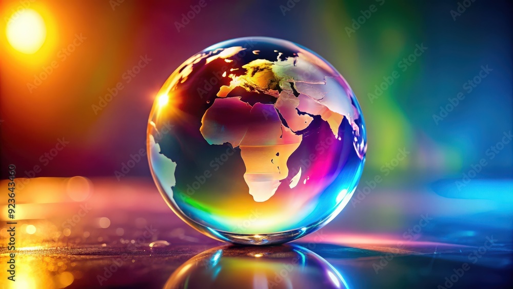 Crystal clear glass globe reflecting the colorful essence of light , crystal, visions, essence, light, crystal clear Crystal clear glass globe reflecting the colorful essence of light , crystal, visions, essence, light, crystal clear