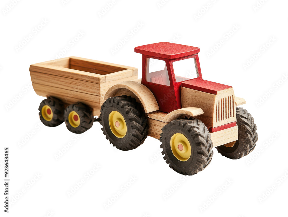Wooden toy tractor with a trailer in red and natural wood tones, cut out isolated transparent PNG Wooden toy tractor with a trailer in red and natural wood tones, cut out isolated transparent PNG