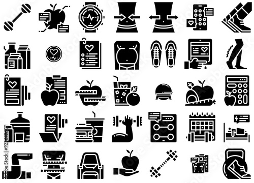 Mega Set Of Vector Healthy Black Icons Collection Isolated Silhouette Solid Icons Including Exercise,Healthy,Fitness,Food,Weight Vector Icons Illustration Collection