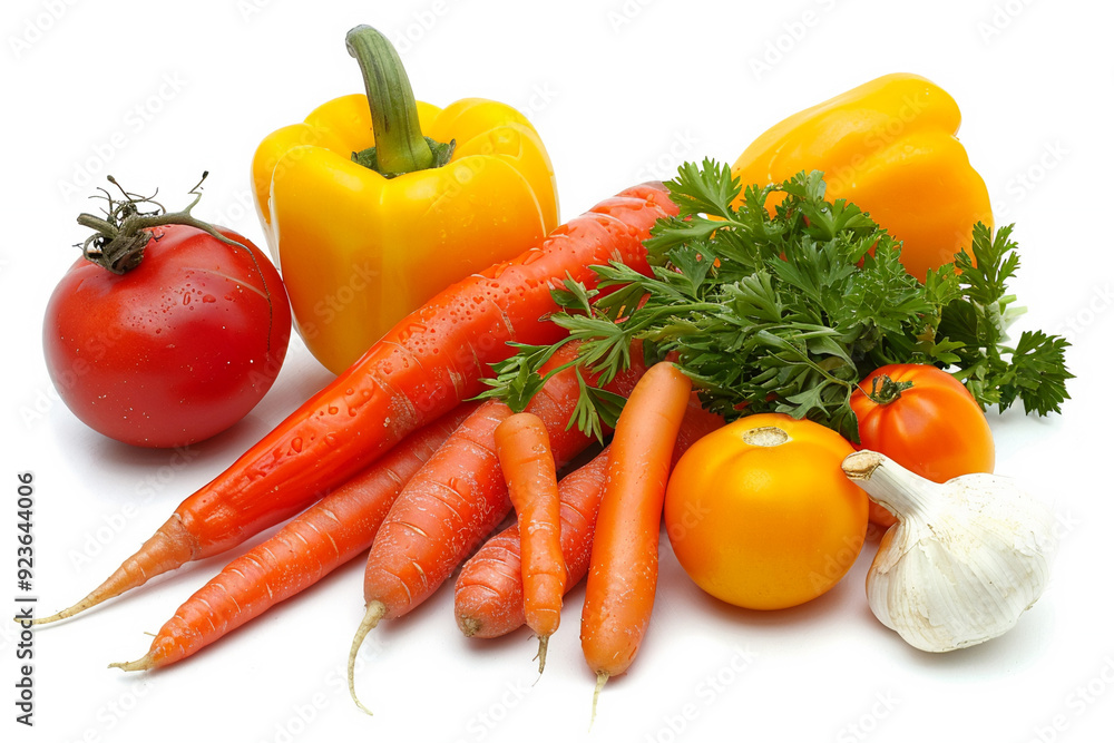 Variety of vibrant vegetables including carrots, tomatoes, and bell peppers arranged beautifully, isolated white background