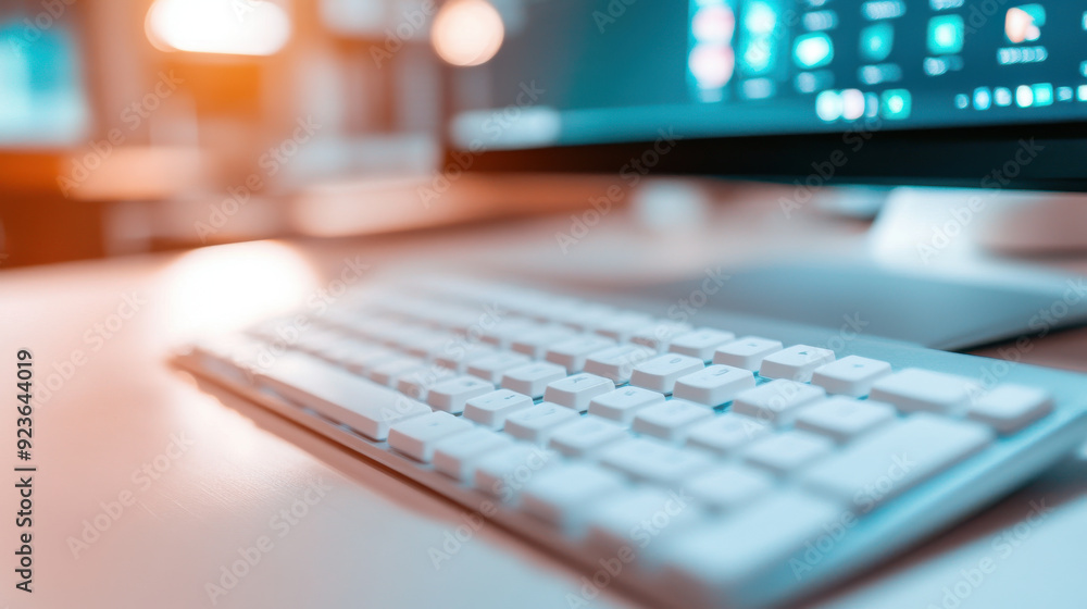 White computer keyboard in a blurred office background, suggesting a sleek and efficient work setting. White computer keyboard in a blurred office background, suggesting a sleek and efficient work setting.
