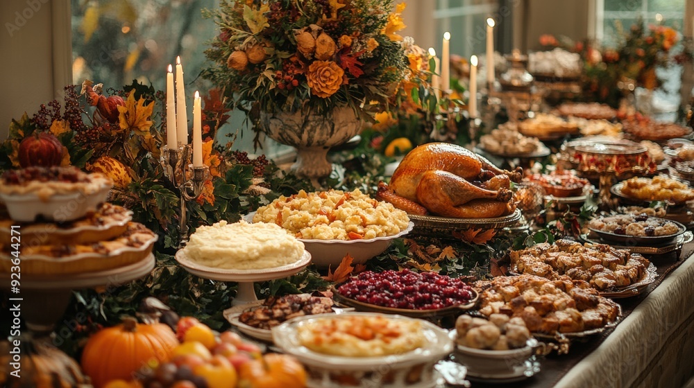 A warm and inviting image of the Thanksgiving holiday featuring a beautifully decorated table. A warm and inviting image of the Thanksgiving holiday featuring a beautifully decorated table.