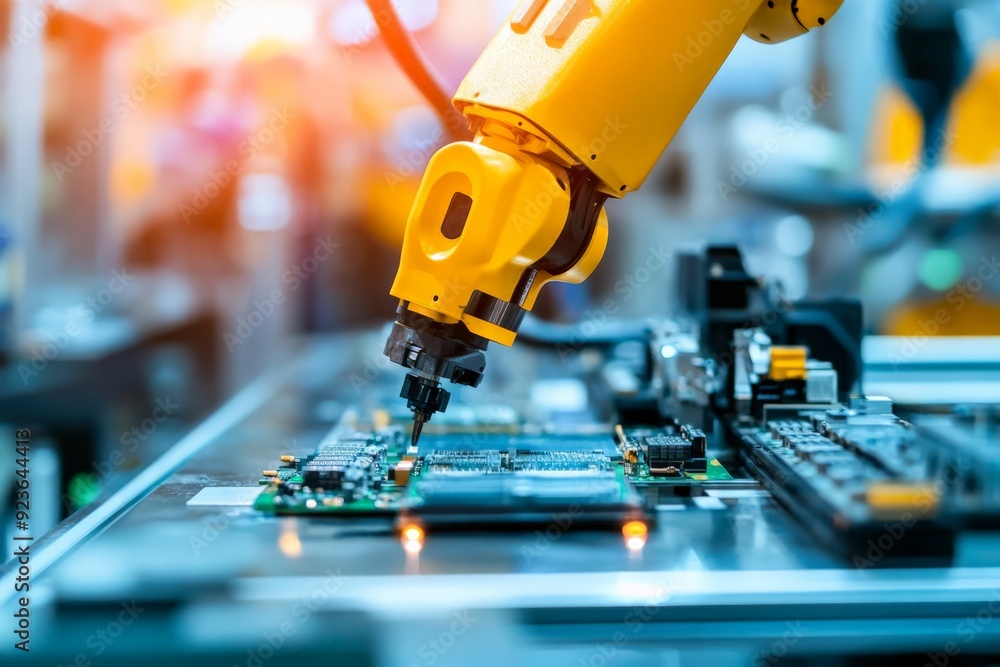 Robotic arm assembling electronic components on a circuit board in an ...