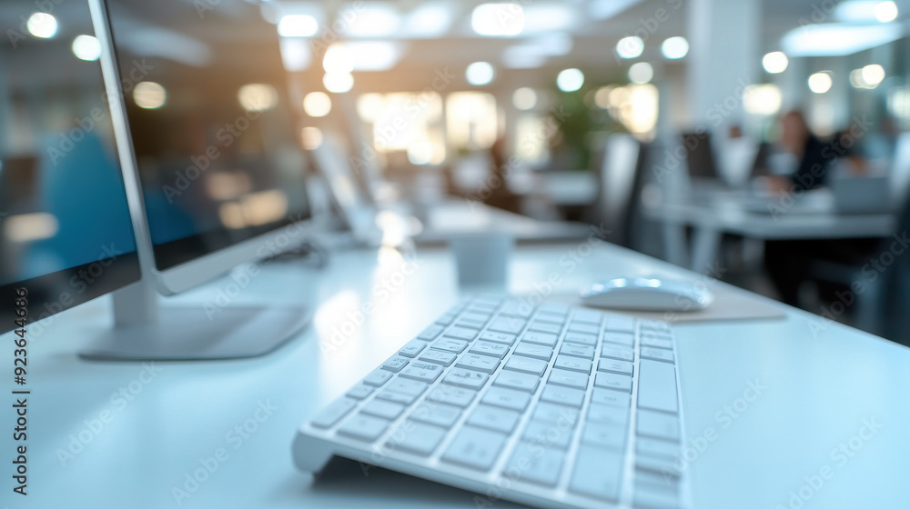 White computer keyboard in focus with a blurred office background, conveying a busy and dynamic work environment. White computer keyboard in focus with a blurred office background, conveying a busy and dynamic work environment.