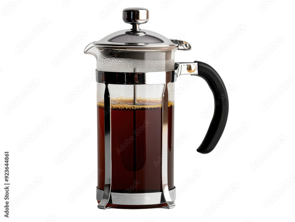A French press coffee maker with dark coffee inside cut out transparent isolated on white background PNG A French press coffee maker with dark coffee inside cut out transparent isolated on white background PNG