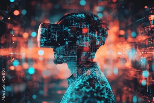 Side profile of a person wearing a VR headset surrounded by digital data visuals, representing virtual reality and advanced technology.