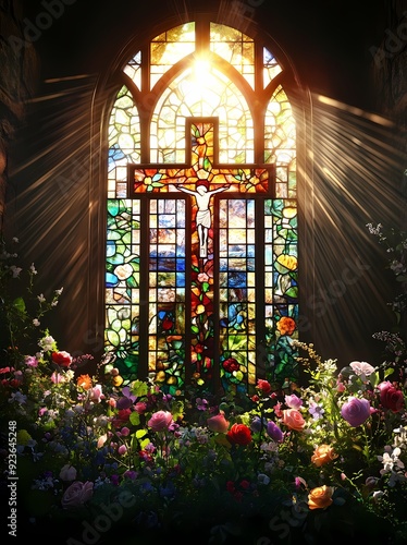 Handmade Stained Glass Window with Large Cross and Vibrant Floral Design