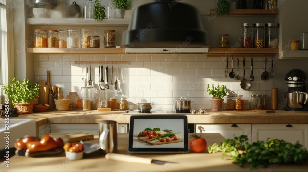 Contemporary Kitchen Scene with Tablet Streaming Cooking Tutorial, Fresh Ingredients and Utensils Contemporary Kitchen Scene with Tablet Streaming Cooking Tutorial, Fresh Ingredients and Utensils
