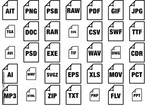 Set Of Linear Format Files Icons Silhouette Vector Logo Design Containing Adobe,Format,File,Extension,Type Vector Icons Illustration Collection