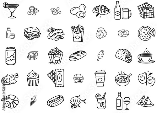 Set Of Food Types Isolated Silhouette Solid Icons With Sweet,Dessert,Food,Drink,Fast-Food Simple Black Style Symbol Sign For Apps And Website, Vector Illustration