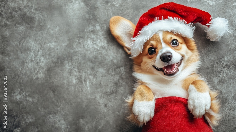 Adorable corgi puppy happily posing for a holiday themed photo in a christmas stocking and santa hat