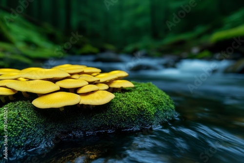 Ethereal forest bathed in soft bioluminescent light, glowing mushrooms casting intricate shadows on vibrant moss covered rocks, crystalline water flowing through the scene photo