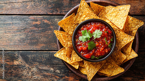 Mexican nacho chips and salsa dip in bowl on wooden background, with empty copy space  photo