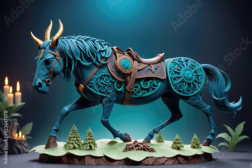 A blue horse with horns and a saddle is walking through a forest photo