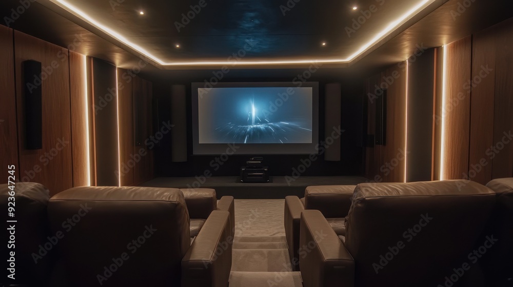 Ultimate Home Theater Experience: Modern Room with Projector Screen, Plush Seating, and Ambient Lighting for Cinematic Movies Ultimate Home Theater Experience: Modern Room with Projector Screen, Plush Seating, and Ambient Lighting for Cinematic Movies