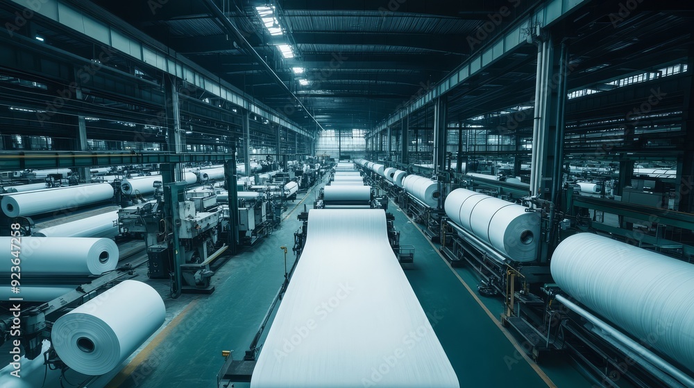 Fototapeta premium Large rolls of paper are being processed in a vibrant paper mill