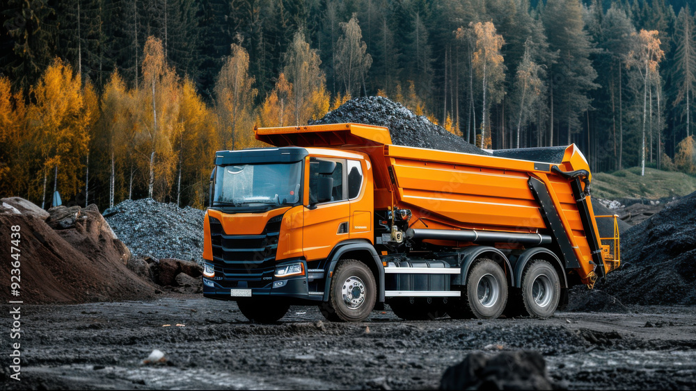 A bright orange dump truck loaded with gravel, parked at a construction site with a forest backdrop, ready for transport. A bright orange dump truck loaded with gravel, parked at a construction site with a forest backdrop, ready for transport.