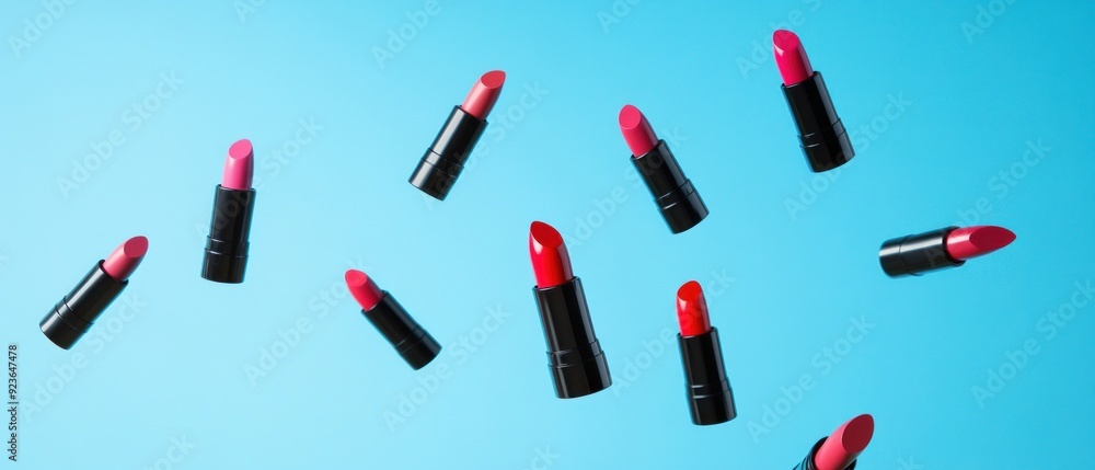 Lipsticks in Mid-Air Against a Blue Background Lipsticks in Mid-Air Against a Blue Background
