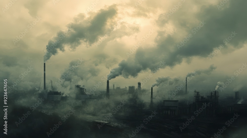 A smoky industrial landscape with pollution and dark clouds. A smoky industrial landscape with pollution and dark clouds.