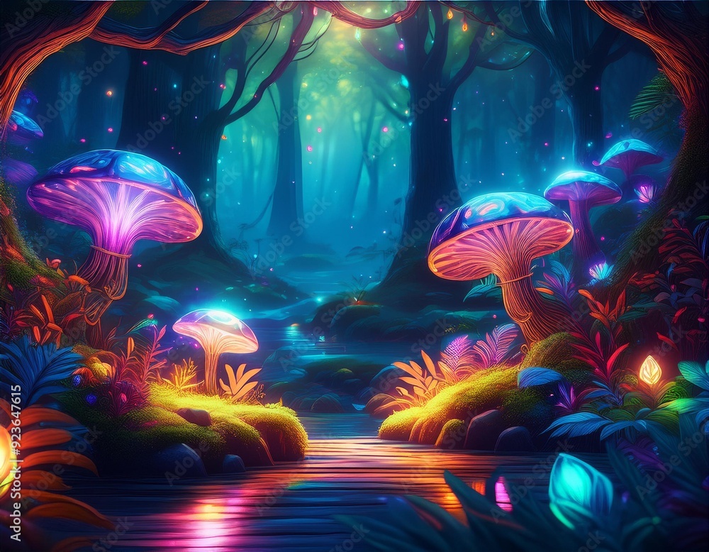 Enchanted Forest Focus on a magical forest with glowing plants and creatures with a vibrant background Enchanted Forest Focus on a magical forest with glowing plants and creatures with a vibrant background