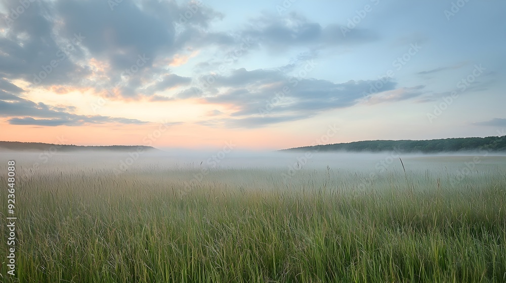 Ethereal Morning Mist Envelops Serene Grassland Landscape Ethereal Morning Mist Envelops Serene Grassland Landscape