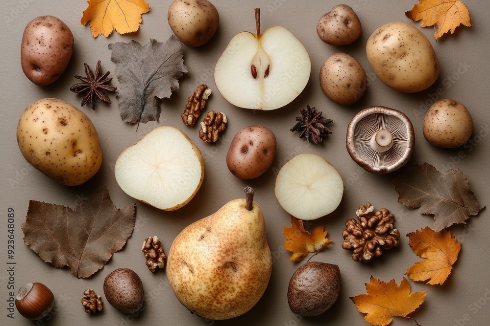 Autumnal Still Life with Pears, Potatoes, Nuts, and Leaves Autumnal Still Life with Pears, Potatoes, Nuts, and Leaves