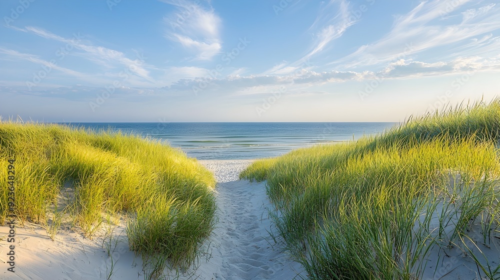 Tranquil Grass-Covered Dunes Leading to Serene Ocean Horizon Tranquil Grass-Covered Dunes Leading to Serene Ocean Horizon