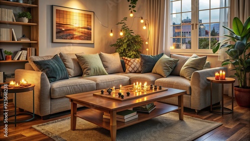 Cozy living room scene featuring a board game in progress on a clutter-free coffee table surrounded by plush couch cushions and warm lighting ambiance.