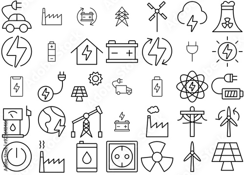 A Collection Of Energy And Battery Thin Icons Silhouette Vector Logo Design Containing Charging,Electricity,Battery,Energy,Source Solid Icon Collection. Vector Illustration