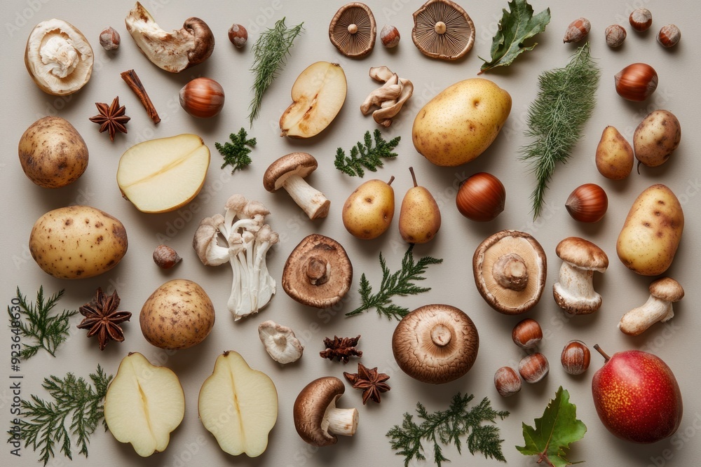 A Flat Lay of Pears, Potatoes, Mushrooms, Hazelnuts, and Star Anise A Flat Lay of Pears, Potatoes, Mushrooms, Hazelnuts, and Star Anise