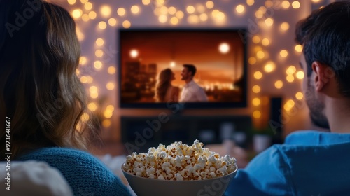 Cozy Movie Night Romance - Couple Watching Romantic Comedy on Smart TV with Popcorn in Living Room Setting