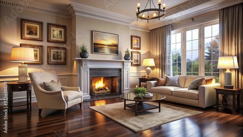 Wallpaper Mural Cozy living room with neutral walls, dark wood floors, and a large picture frame above the fireplace, filled with warm, golden lighting. Torontodigital.ca