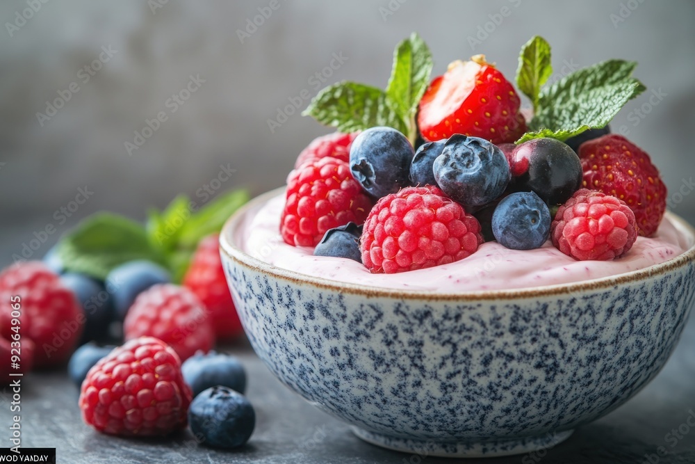 Bowl of Pink Yogurt with Fresh Raspberries, Blueberries, and Strawberries Bowl of Pink Yogurt with Fresh Raspberries, Blueberries, and Strawberries