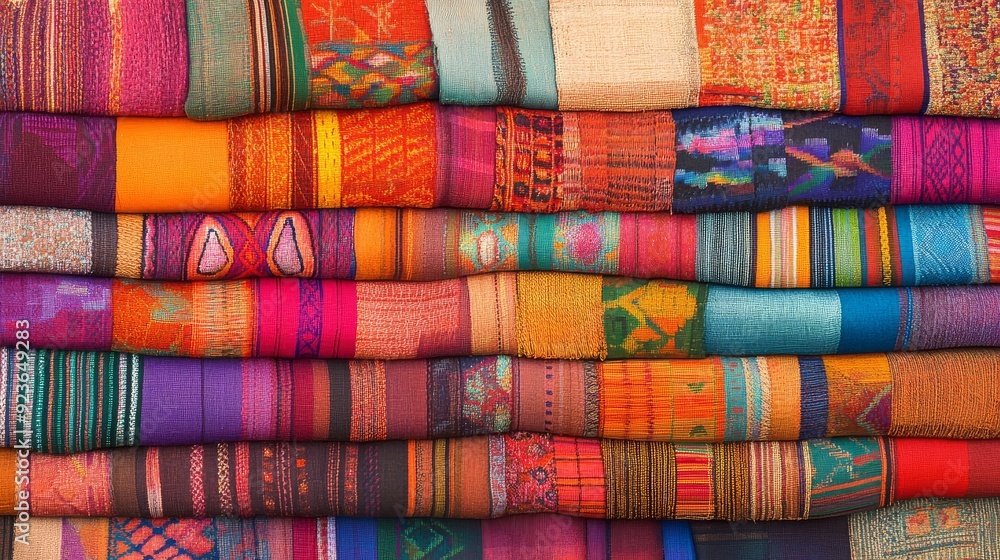 Colorful fabric rolls showcase diverse patterns in a lively market atmosphere Colorful fabric rolls showcase diverse patterns in a lively market atmosphere
