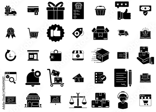 A Collection Of Ecommerce Icons Web Header Banner Design Containing Shop,Delivery,Ecommerce,Shopping,Payment Solid Icon Collection. Vector Illustration