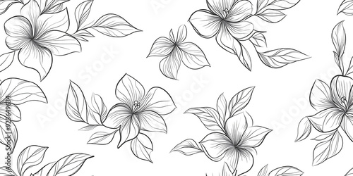 Simple outlines of flowers and leaves rendered in smooth, unbroken lines, seamless pattern photo