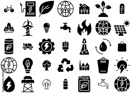 Set Of Linear Ecology Isolated Silhouette Solid Icons With Energy,Power,Nature,Ecology,Eco Simple Black Style Symbol Sign For Apps And Website, Vector Illustration