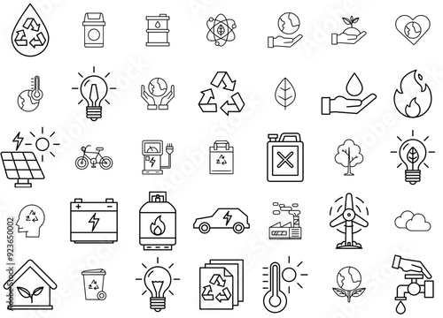 Set Of Linear Ecology Vector Symbols Apps, Websites Ui Designs Suitable For Energy,Light-Bulb,Ecology,Care,Power Business Infographic Elements Logo Vector Illustration