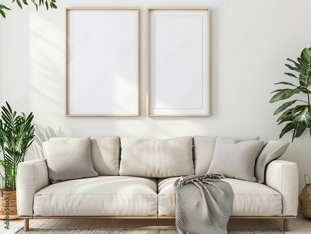 Fototapeta premium A beige sofa and coffee table complement the two elegant frame mockups in the living room