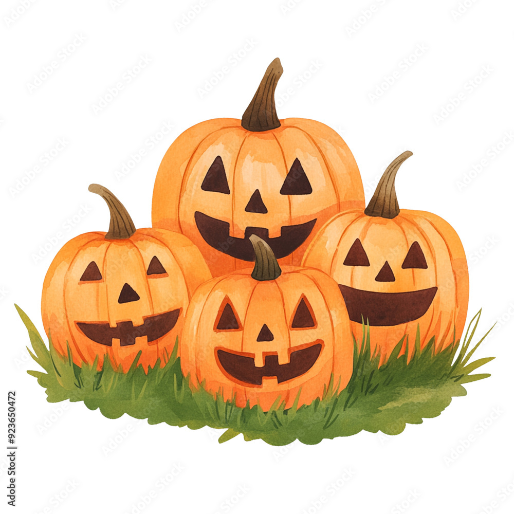 A vibrant illustration of four jack-o'-lantern pumpkins stacked on green grass, creating a festive Halloween decoration scene. A vibrant illustration of four jack-o'-lantern pumpkins stacked on green grass, creating a festive Halloween decoration scene.