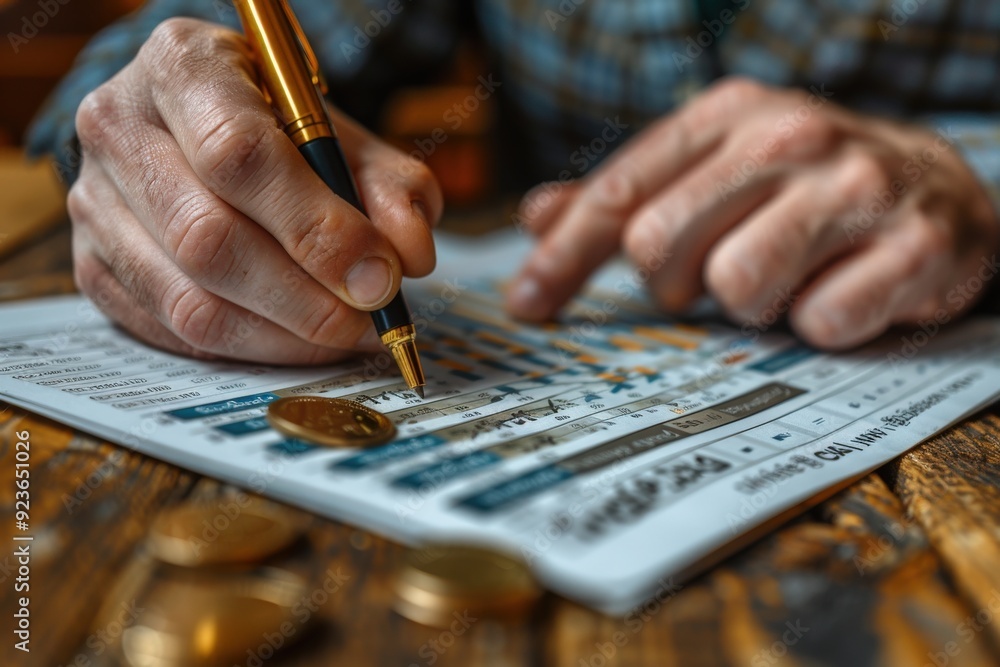 Close-up of a person using a pen to mark on a sheet filled with stock market data, symbols, and graphs, representing the meticulous analysis essential in trading.
