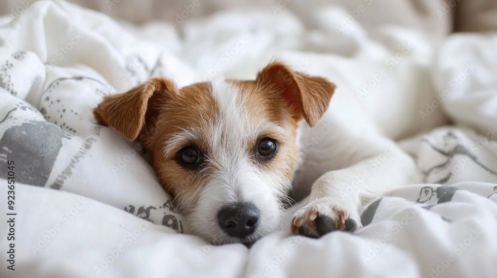 Cute little dog jack russell terrier lies on the bed paws to the top cozy homely, in the bedroom Cute little dog jack russell terrier lies on the bed paws to the top cozy homely, in the bedroom