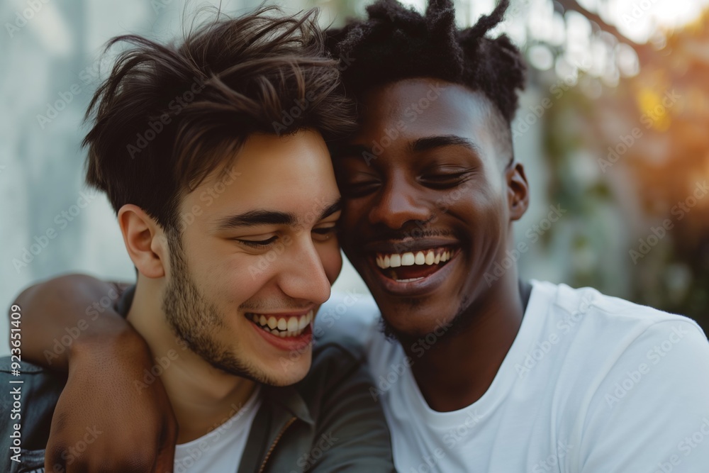 Two men are hugging and smiling, one of them is wearing a white shirt. Scene is happy and friendly Two men are hugging and smiling, one of them is wearing a white shirt. Scene is happy and friendly
