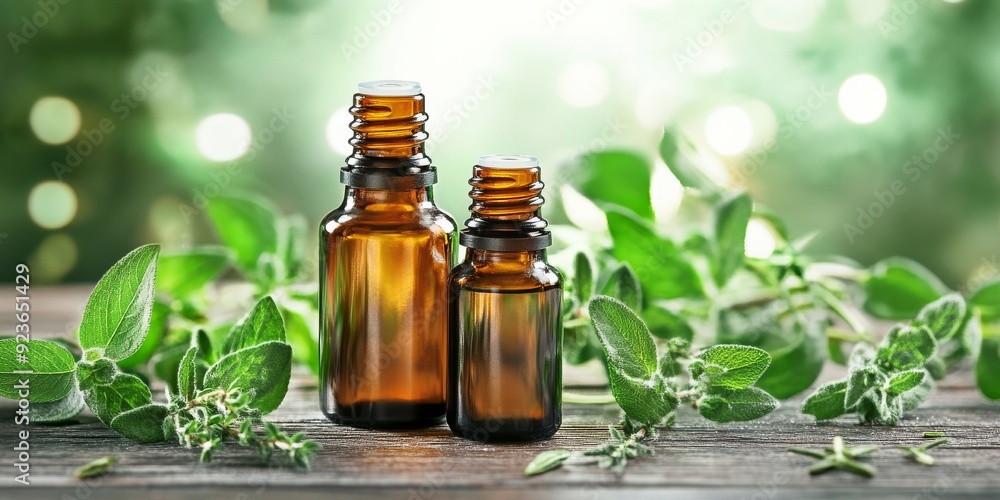 Essential Oils for Wellness: Two amber glass bottles of essential oil sit nestled amongst vibrant green leaves on a rustic wooden table, against a soft green bokeh background. Essential Oils for Wellness: Two amber glass bottles of essential oil sit nestled amongst vibrant green leaves on a rustic wooden table, against a soft green bokeh background.