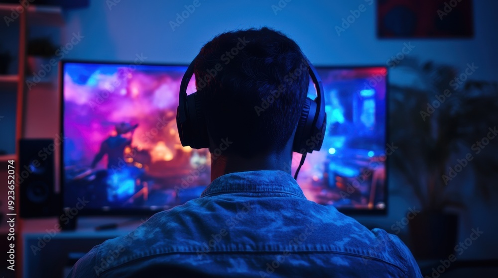 Immersive Gaming Experience - Gamer Streaming Video Game Playthrough on High-Resolution Monitor with LED Lighting and Headset Immersive Gaming Experience - Gamer Streaming Video Game Playthrough on High-Resolution Monitor with LED Lighting and Headset