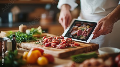 Fototapeta Naklejka Na Ścianę i Meble -  Modern Home Cooking: Person Streaming Cooking Tutorial on Tablet in Stylish Kitchen